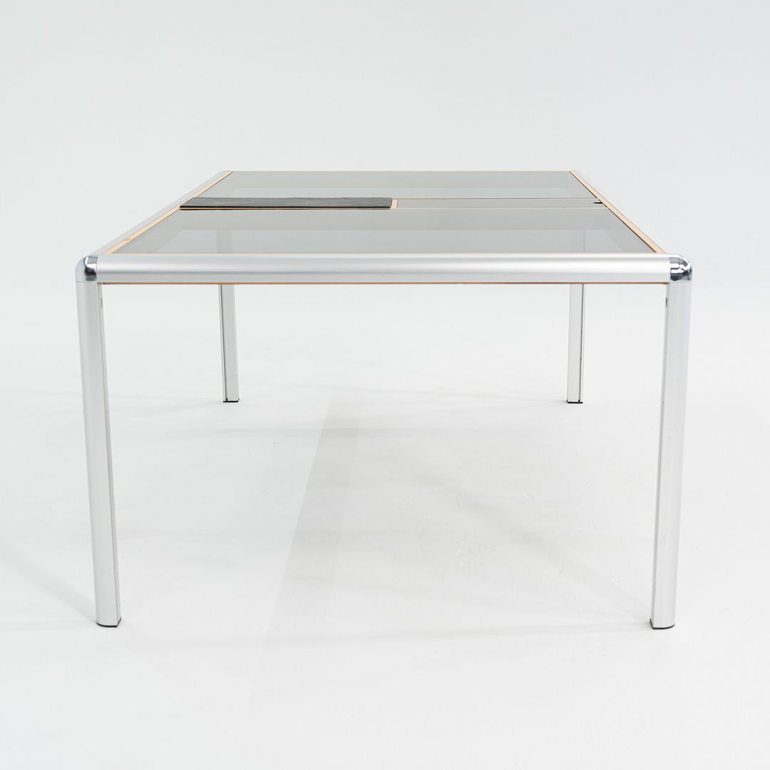 C. 1970s Aluminum Beech & Smoked Glass Coffee Table w/ Slate Detail 32x55 Inches