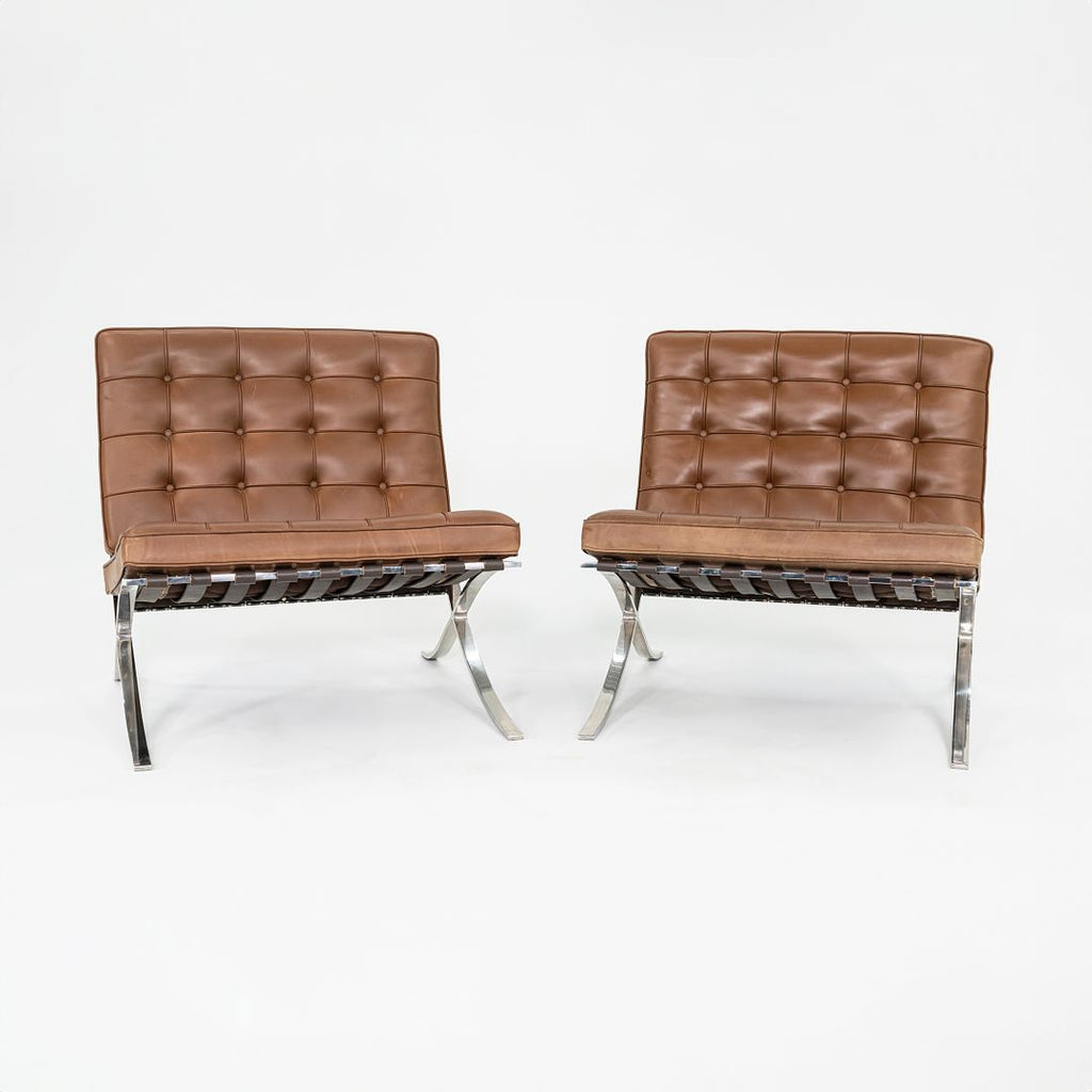 1990 Knoll Barcelona Lounge Chairs by Mies van der Rohe in Brown Leather and Stainless Model 250LS 2x Available