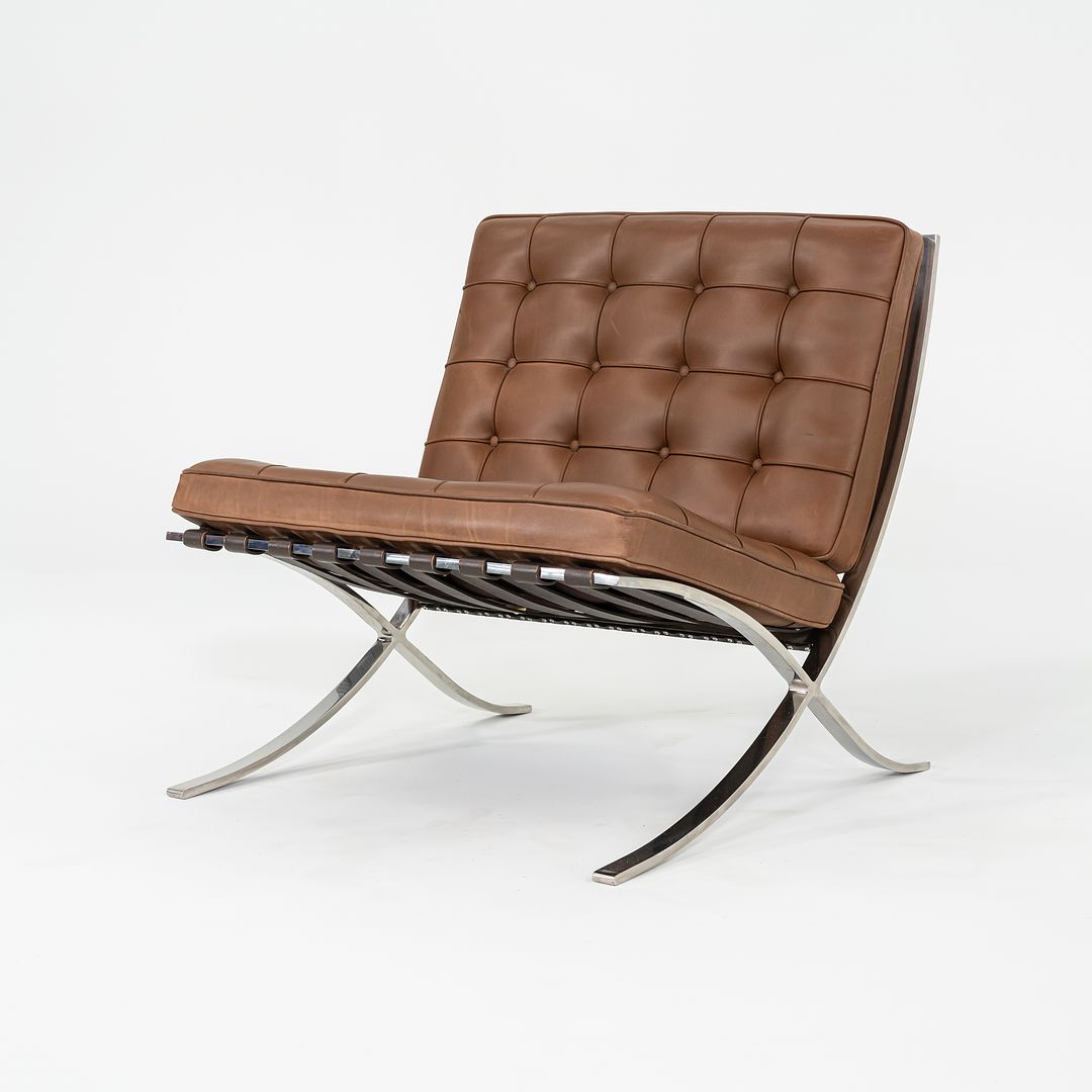 1990 Knoll Barcelona Lounge Chairs by Mies van der Rohe in Brown Leather and Stainless Model 250LS 2x Available