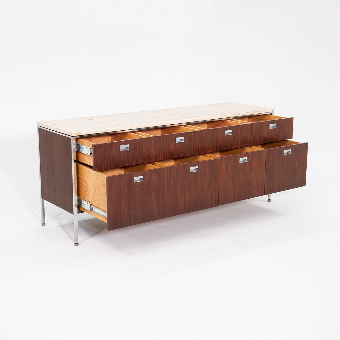 1960s Davis Allen and Gordon Bunshaft for SOM 66 inch Credenza / Cabinet in Walnut and Travertine
