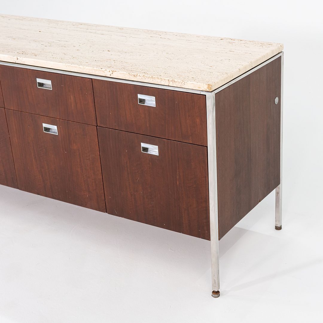1960s Davis Allen and Gordon Bunshaft for SOM 66 inch Credenza / Cabinet in Walnut and Travertine
