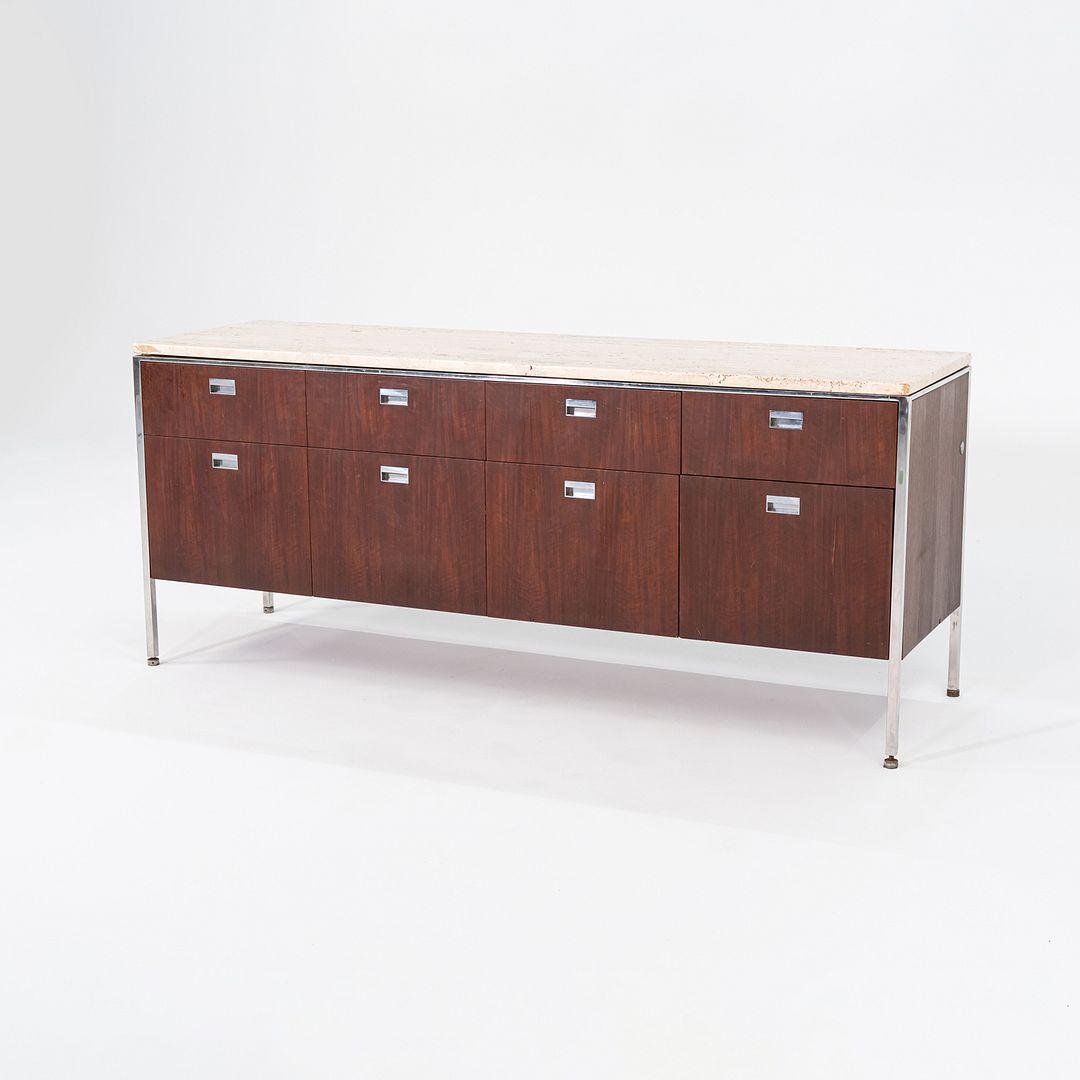 1960s Davis Allen and Gordon Bunshaft for SOM 66 inch Credenza / Cabinet in Walnut and Travertine