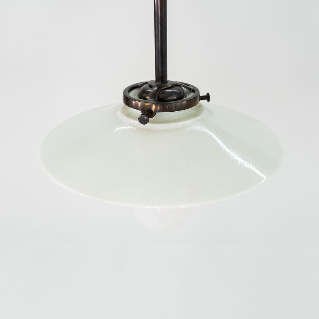 1930s Danish Opalescent Industrial Milk Glass Disc Pendant Lamp 7.75 Inches