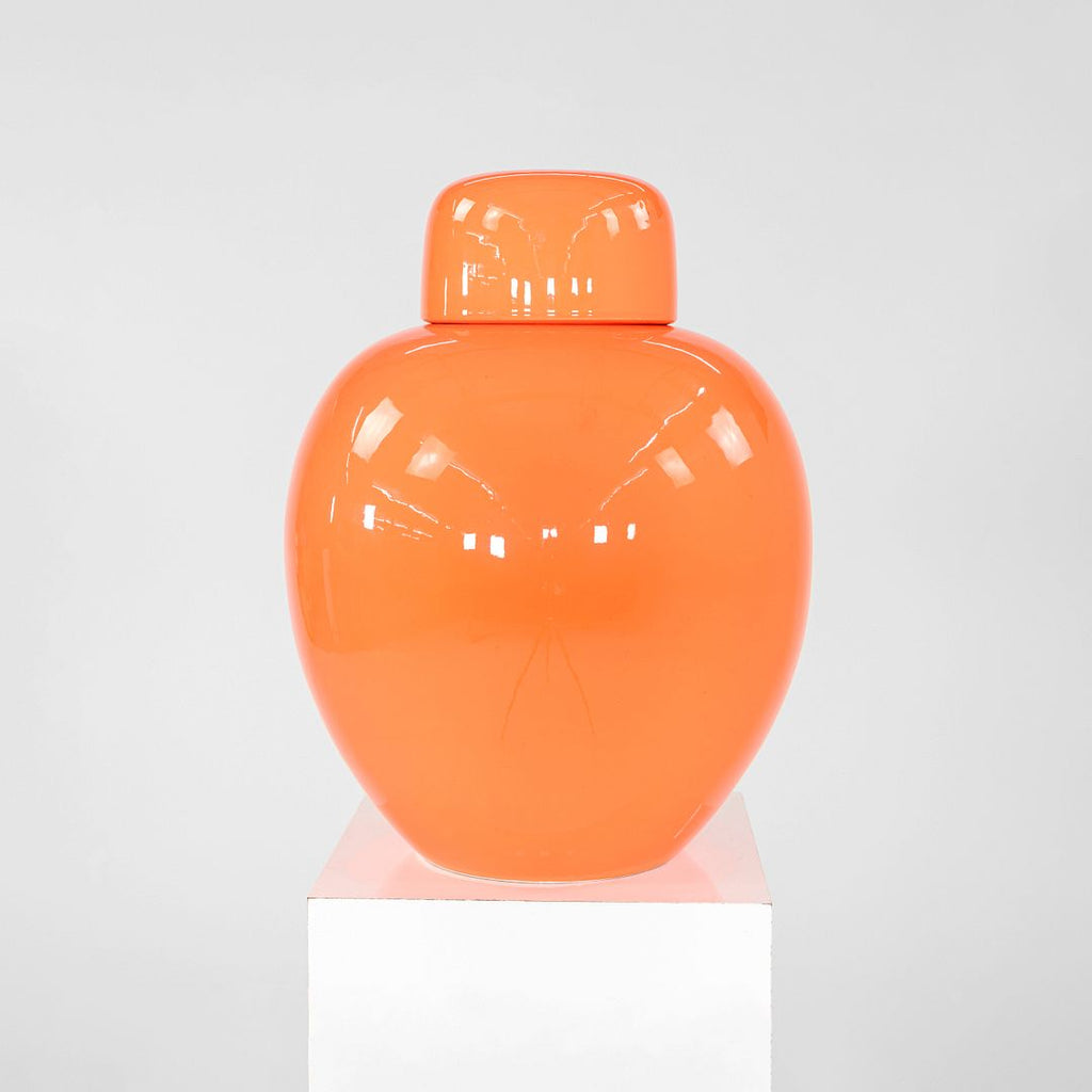 1970s Italian Porcelain Ginger Jar Vessel with Coordinating Top in Orange 10"