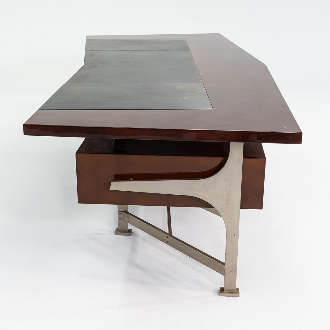 1960s Jules Leleu for Maison Leleu Executive Desk in Lacquered Wood & Stainless