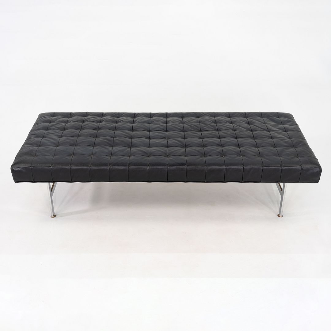 1960s Black Leather and Steel Modernist Museum Bench / Daybed 73 x 31 Inches