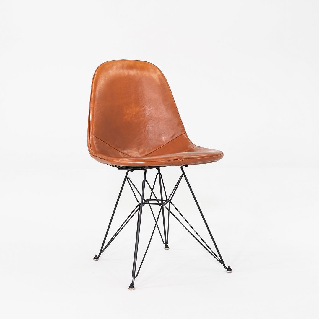 C. 1952 Herman Miller Eames DKR-1 Wire Dining Side Chair with Cognac Leather