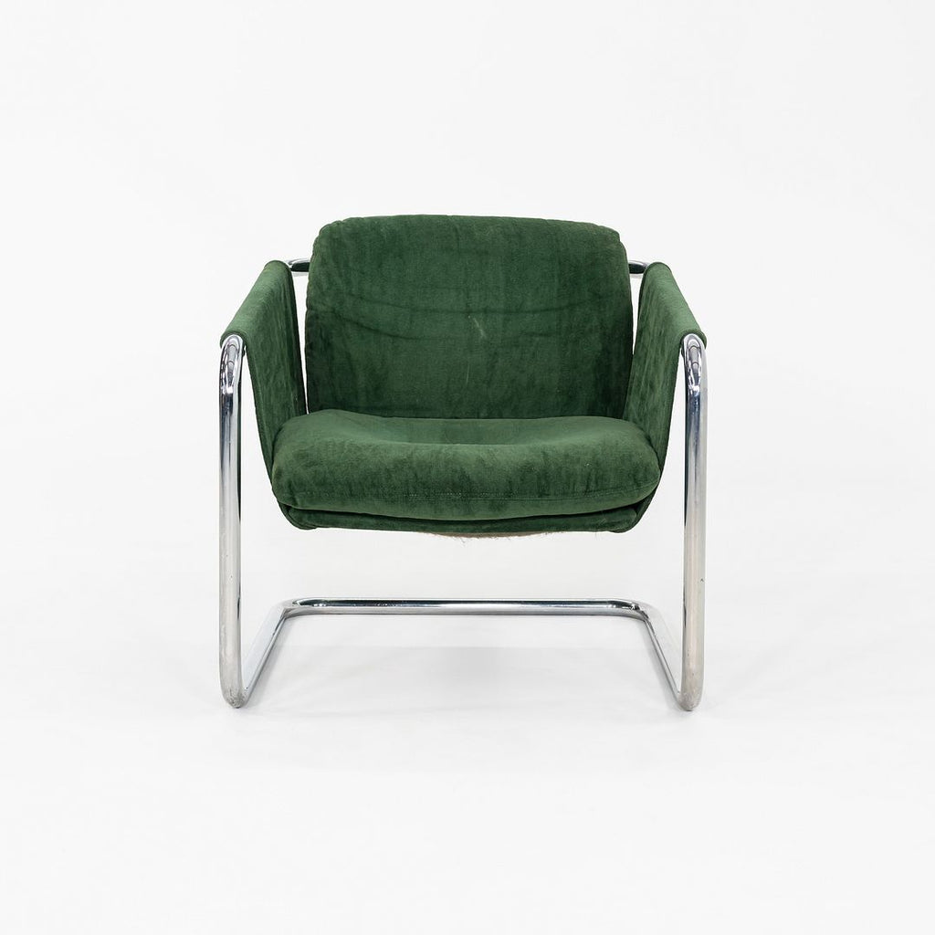 1970s Thonet Sling Lounge Chair Chromed Tubular Steel w/ Green Fabric Upholstery