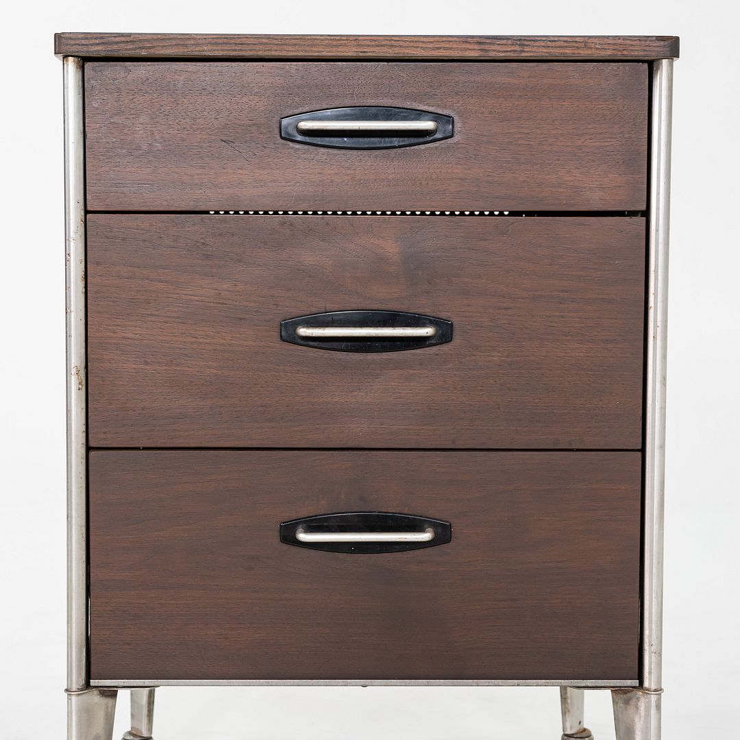 1950s Raymond Loewy for Hill Rom Rolling 3-Drawer Cabinet / Nightstand in Walnut