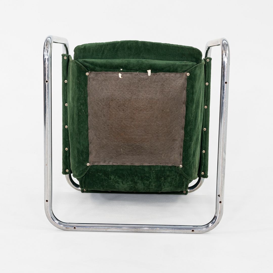 1970s Thonet Sling Lounge Chair Chromed Tubular Steel w/ Green Fabric Upholstery