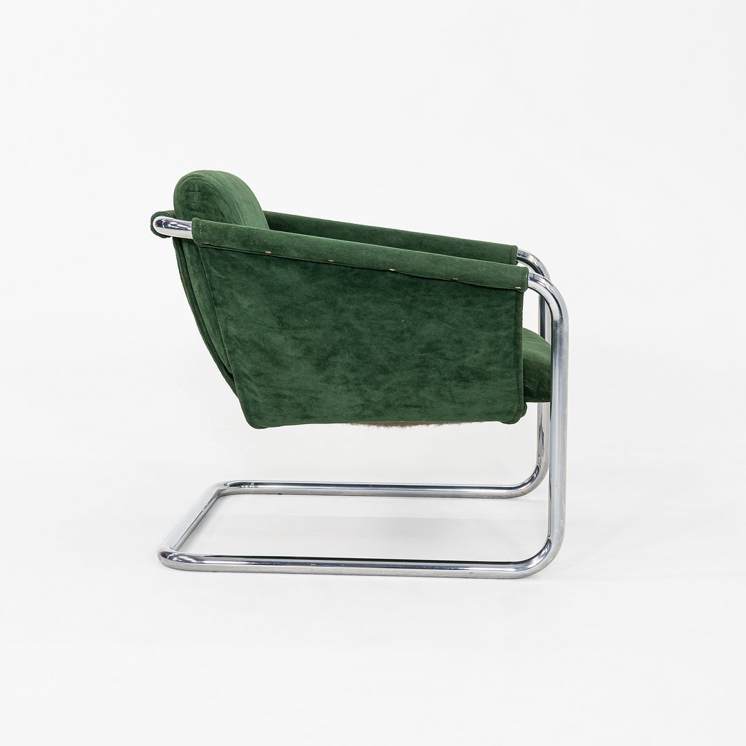 1970s Thonet Sling Lounge Chair Chromed Tubular Steel w/ Green Fabric Upholstery