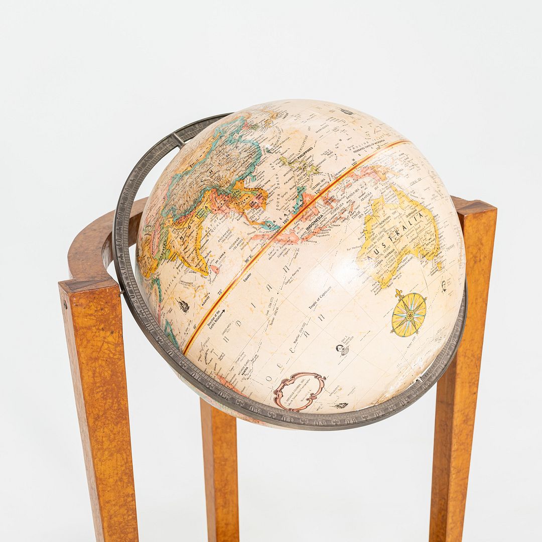 SOLD 1940s Replogle Globe Mounted on Classic Wooden Demilune Stand with Curved Base