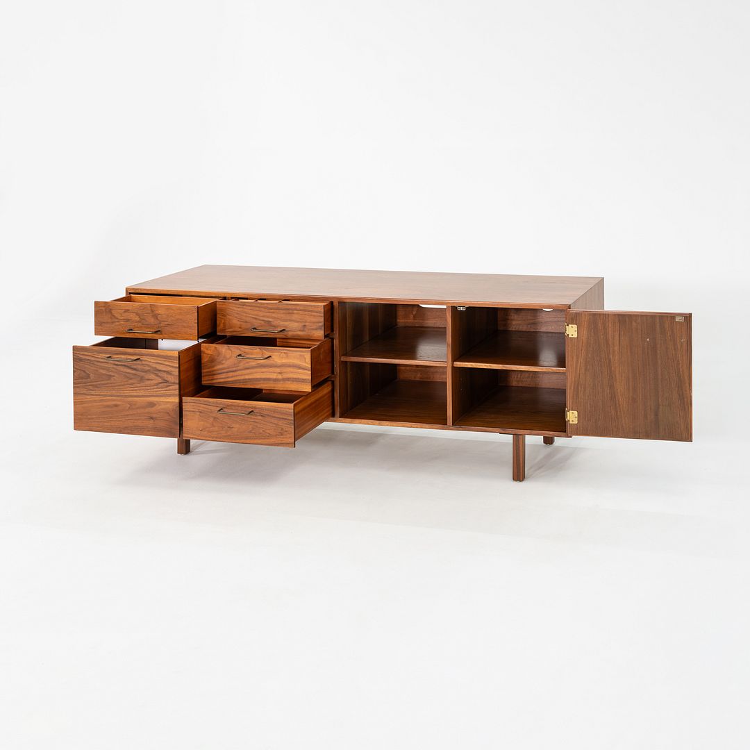 1970s Jens Risom Design Credenza / Cabinet in Walnut and Brass 72x20 inches