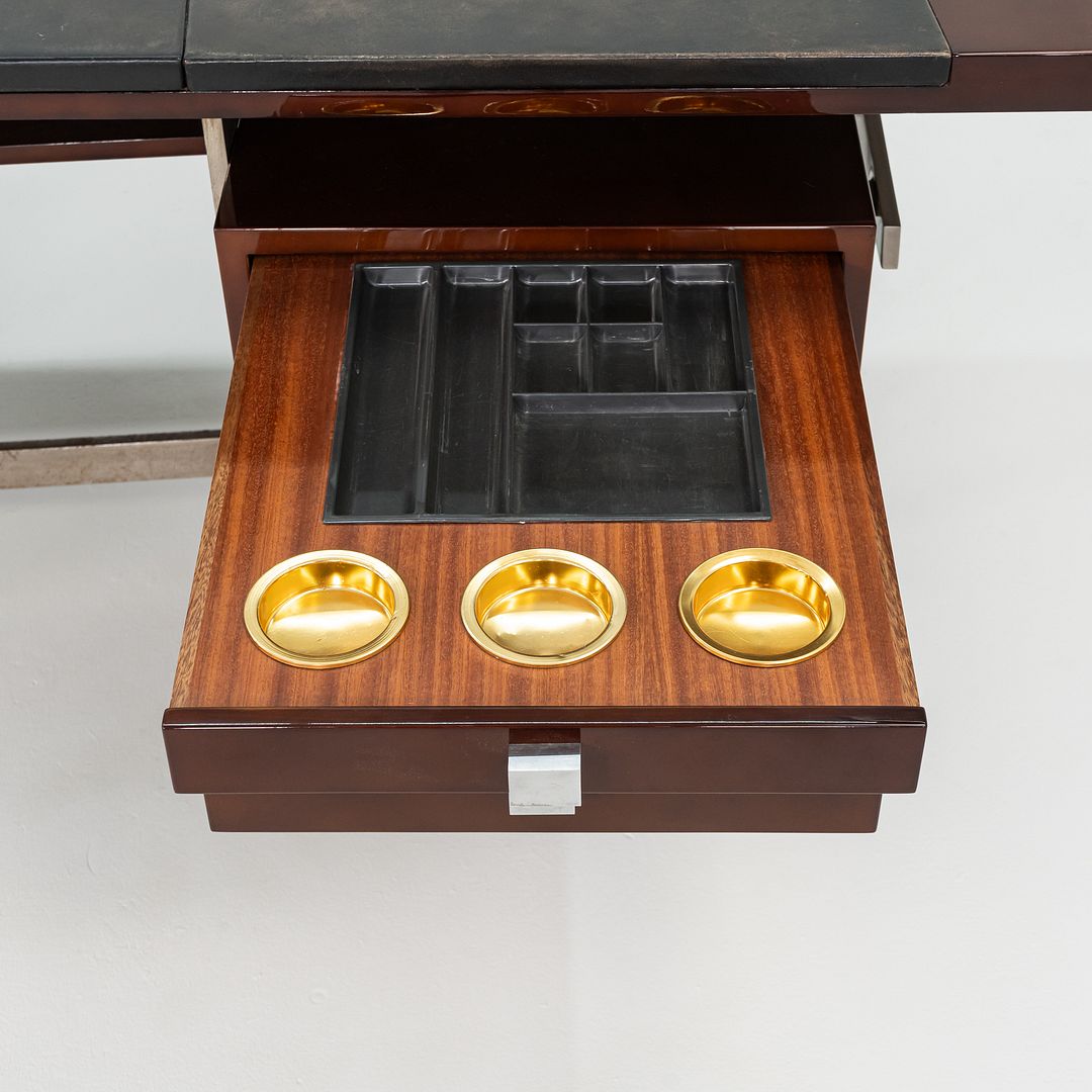 1960s Jules Leleu for Maison Leleu Executive Desk in Lacquered Wood & Stainless