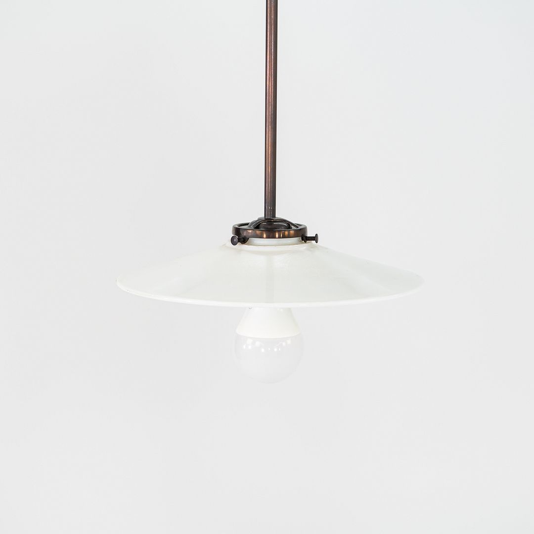 1930s Danish Opalescent Industrial Milk Glass Disc & Metal Pendant Lamp 8 Inches