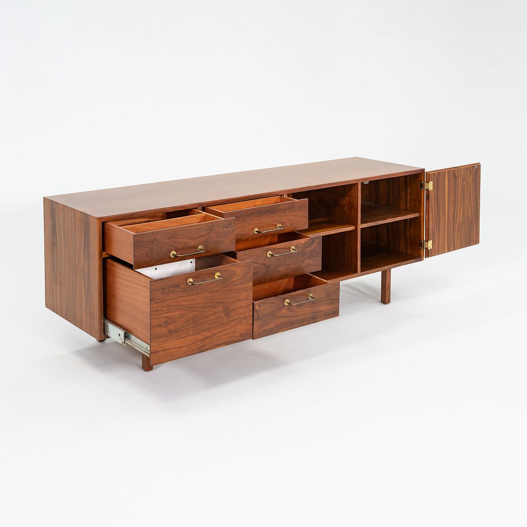 1970s Jens Risom Designs Credenza / Cabinet in Walnut and Brass 72x20 inches