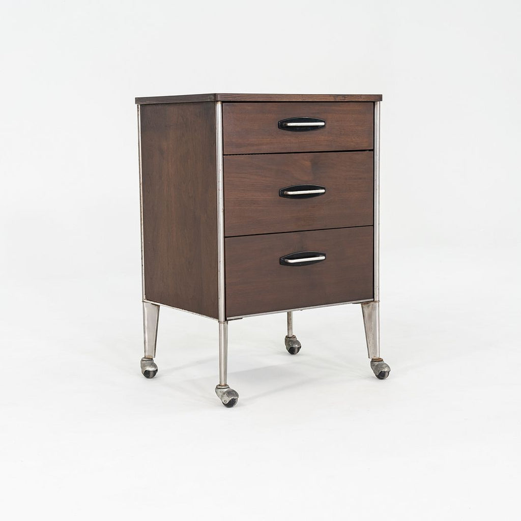 1950s Raymond Loewy for Hill Rom Rolling 3-Drawer Cabinet / Nightstand in Walnut