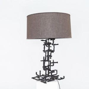 1960s Marcello Fantoni Patinated Steel Table Lamp with Grey Drum Shade