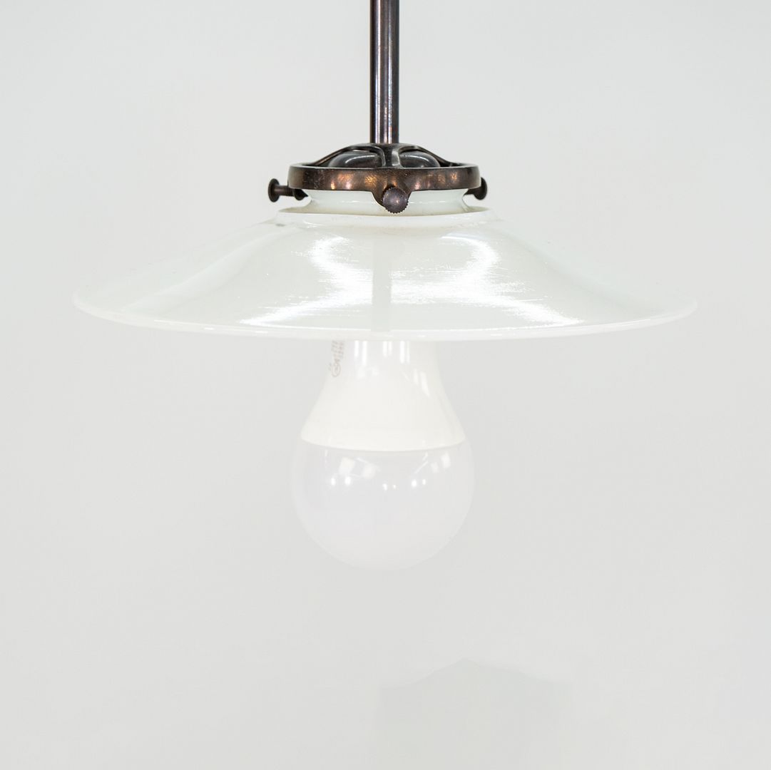 1930s Danish Opalescent Industrial Milk Glass Disc Pendant Lamp 7.75 Inches