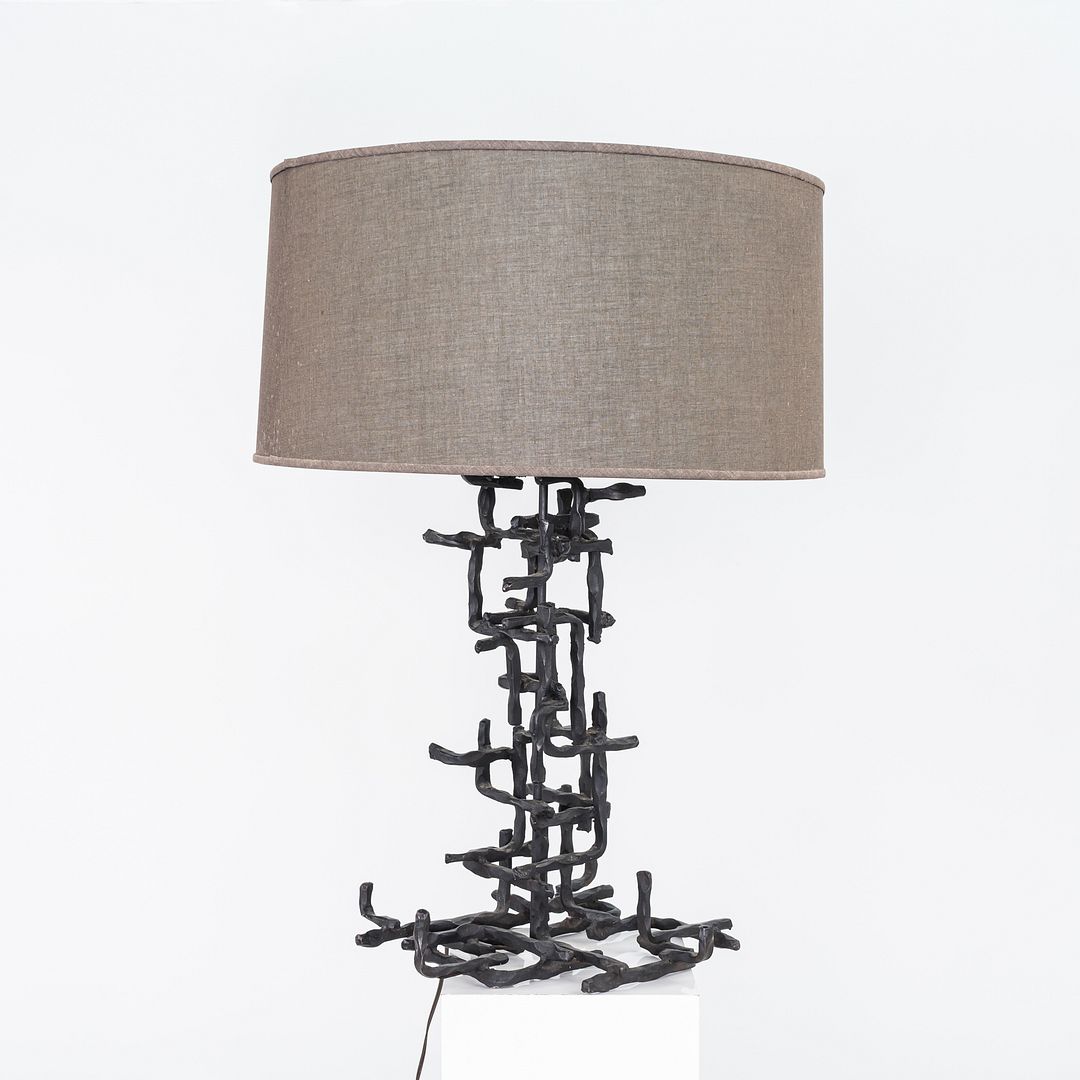 1960s Marcello Fantoni Patinated Steel Table Lamp with Grey Drum Shade