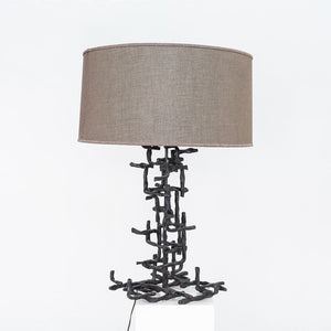1960s Marcello Fantoni Patinated Steel Table Lamp with Grey Drum Shade