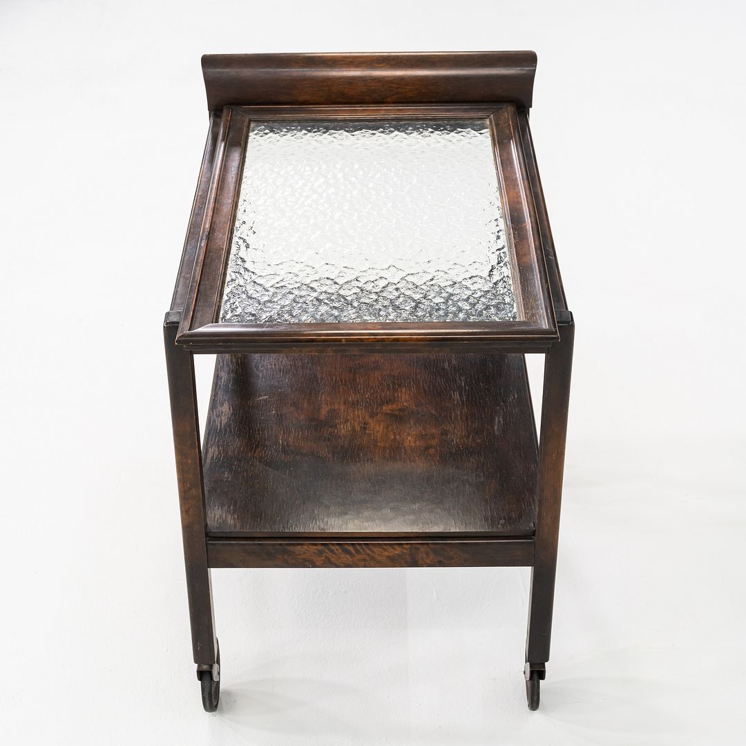 1920s Antique Art Deco Birch Bar Cart w/ Wave Glass Top & Lower Shelf on Wheels