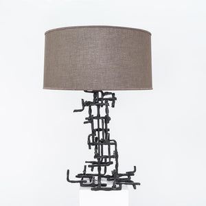 1960s Marcello Fantoni Patinated Steel Table Lamp with Grey Drum Shade