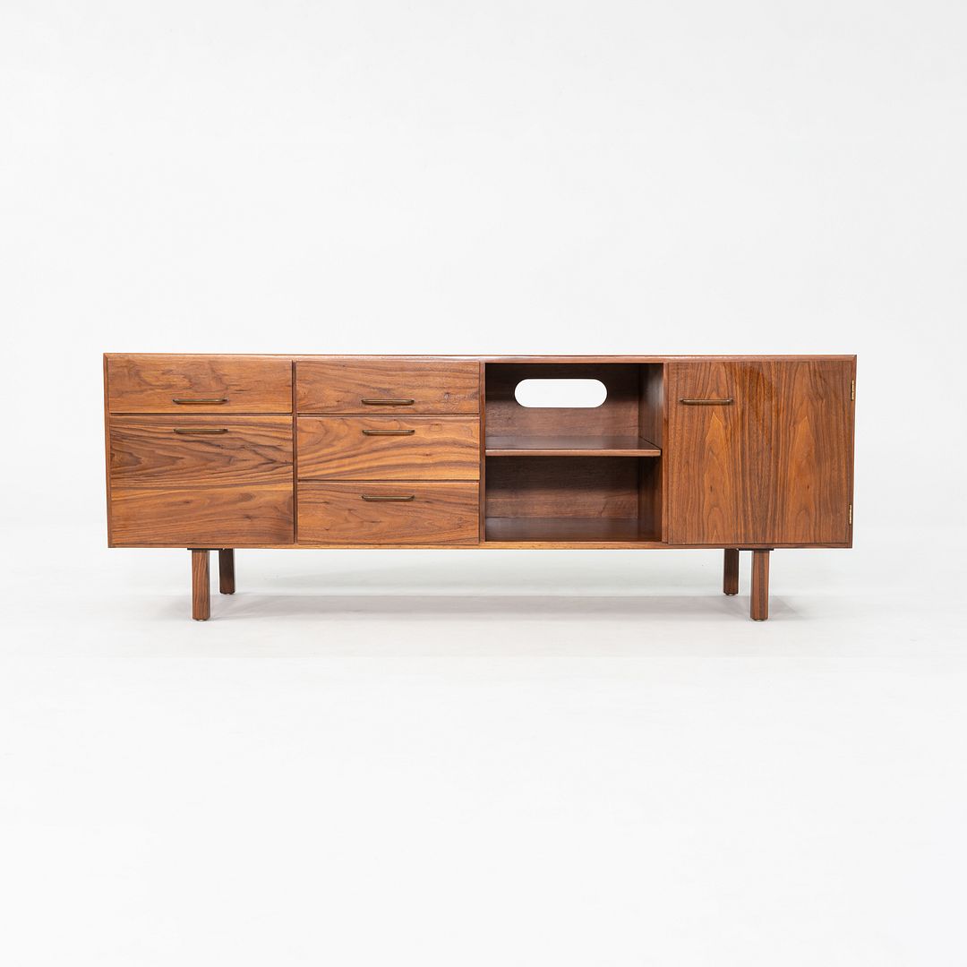 1970s Jens Risom Design Credenza / Cabinet in Walnut and Brass 72x20 inches