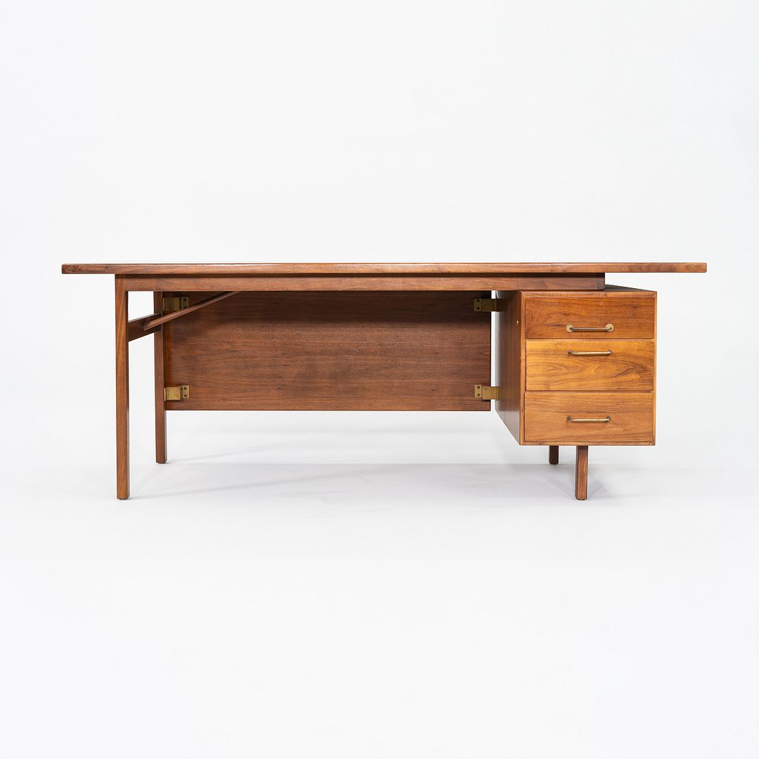 1970s Jens Risom Design Executive Desk in Walnut and Brass with Three Drawers