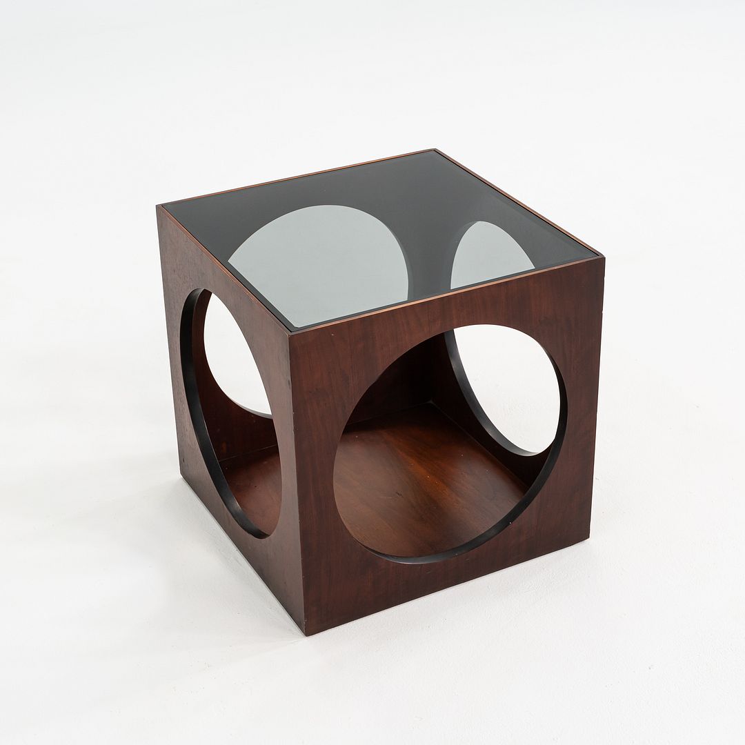 1969 Lane Walnut Cube End Table w/ Circle Motif & Smoked Glass Top Model 1121-95