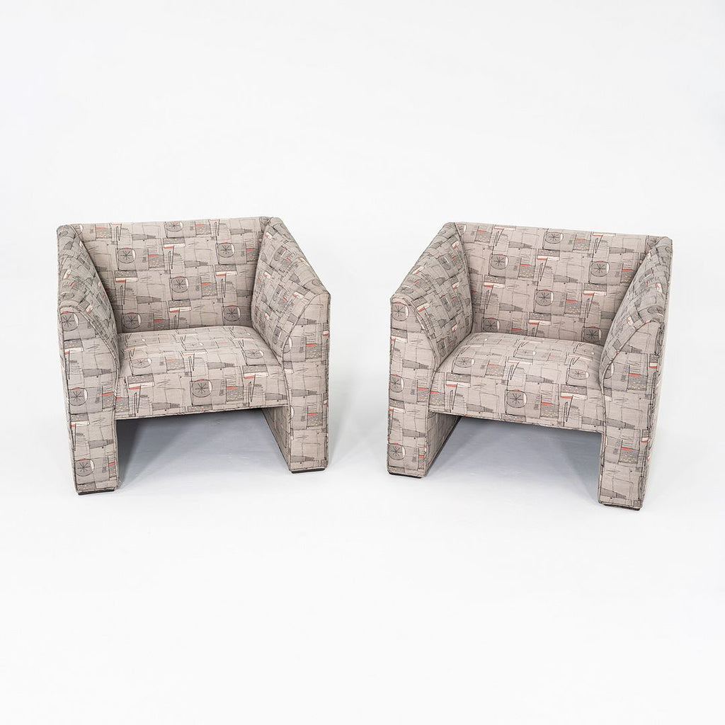 1980s Pair of Gray Patterned Fabric Upholstered Club Lounge Chairs w/ Rolled Arms