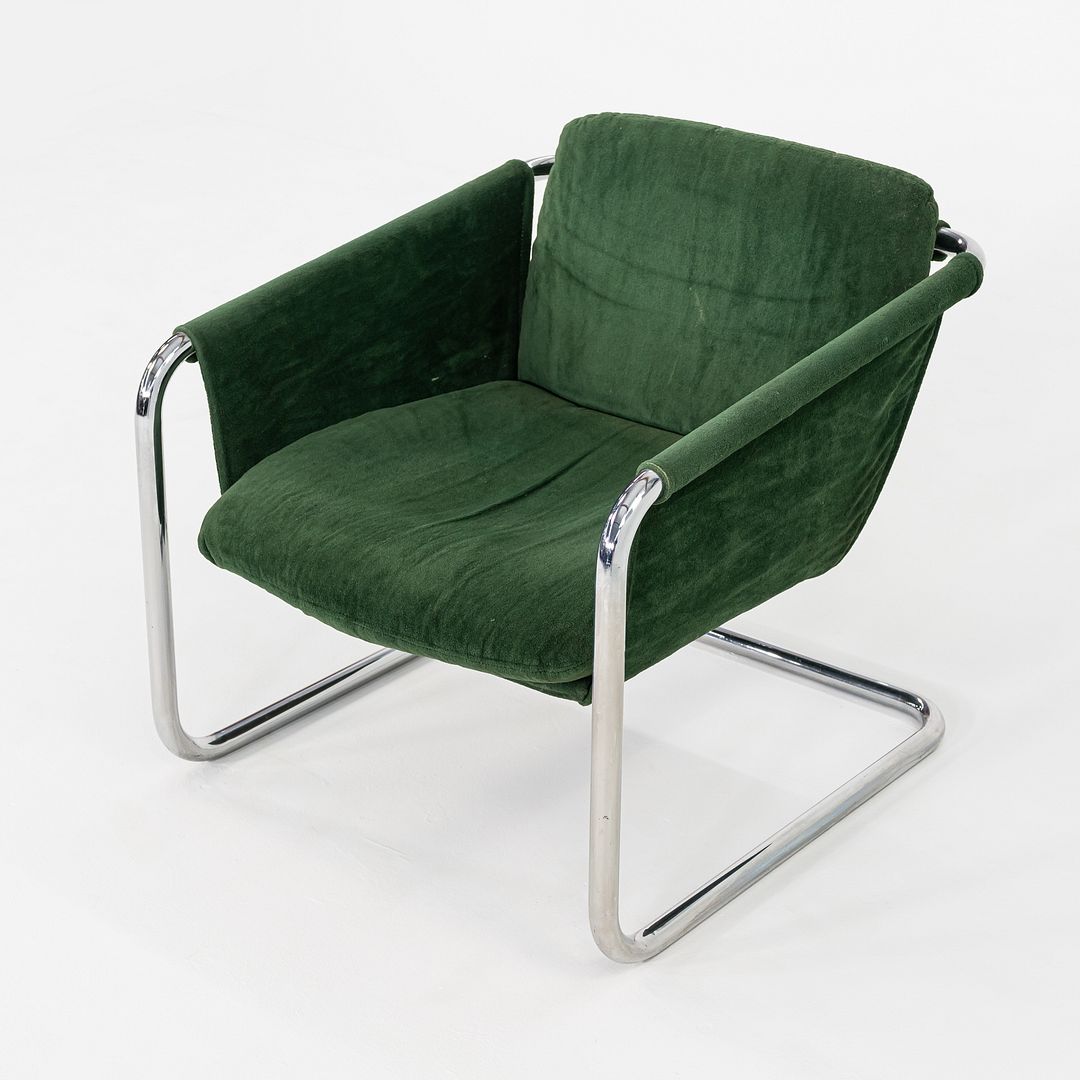 1970s Thonet Sling Lounge Chair Chromed Tubular Steel w/ Green Fabric Upholstery