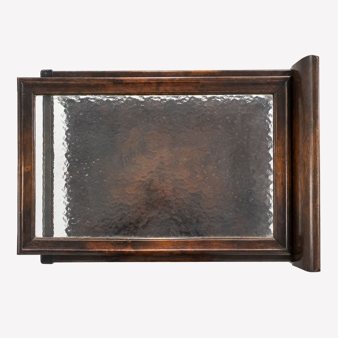 1920s Antique Art Deco Birch Bar Cart w/ Wave Glass Top & Lower Shelf on Wheels