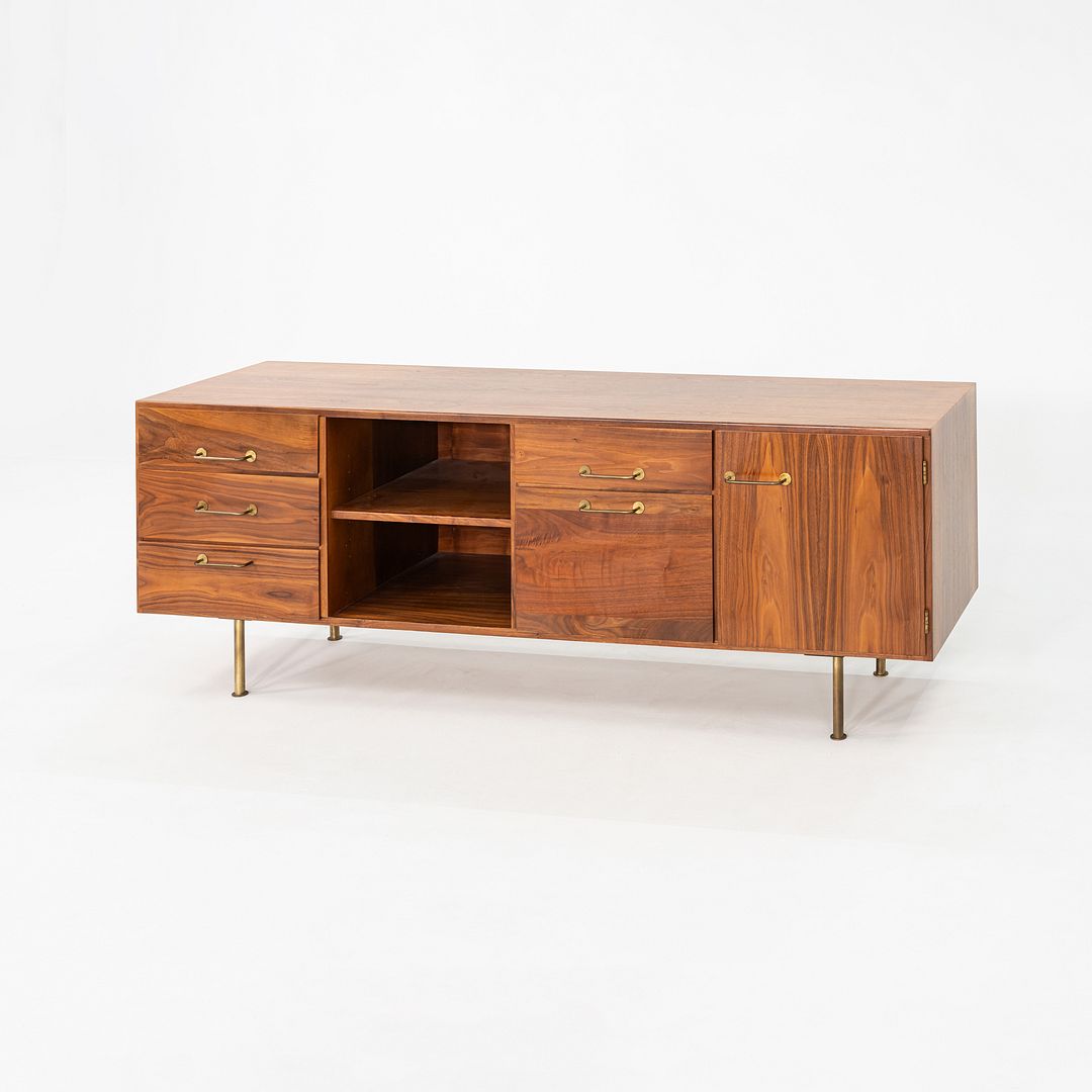1970s Jens Risom Design 72 inch Credenza / Cabinet in Walnut and Brass