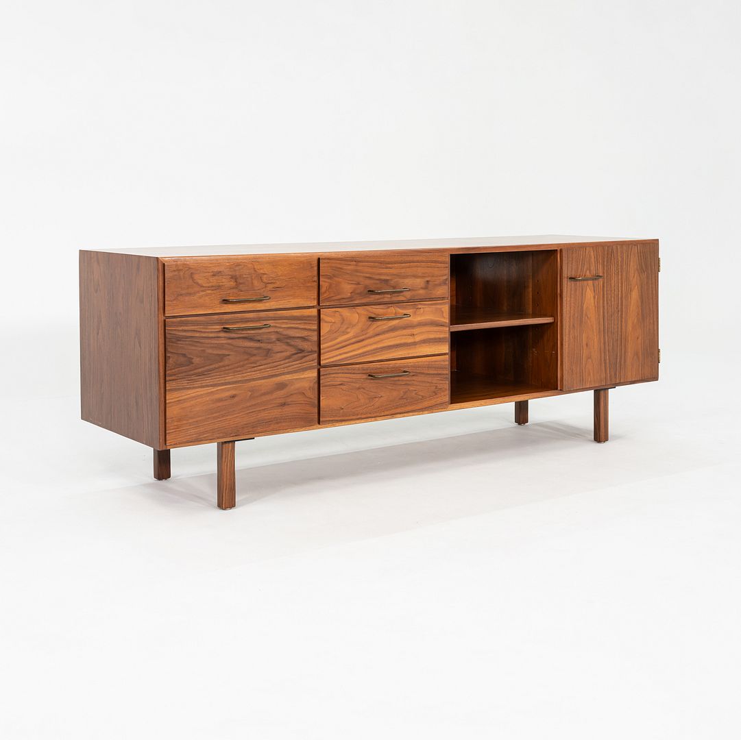 1970s Jens Risom Design Credenza / Cabinet in Walnut and Brass 72x20 inches