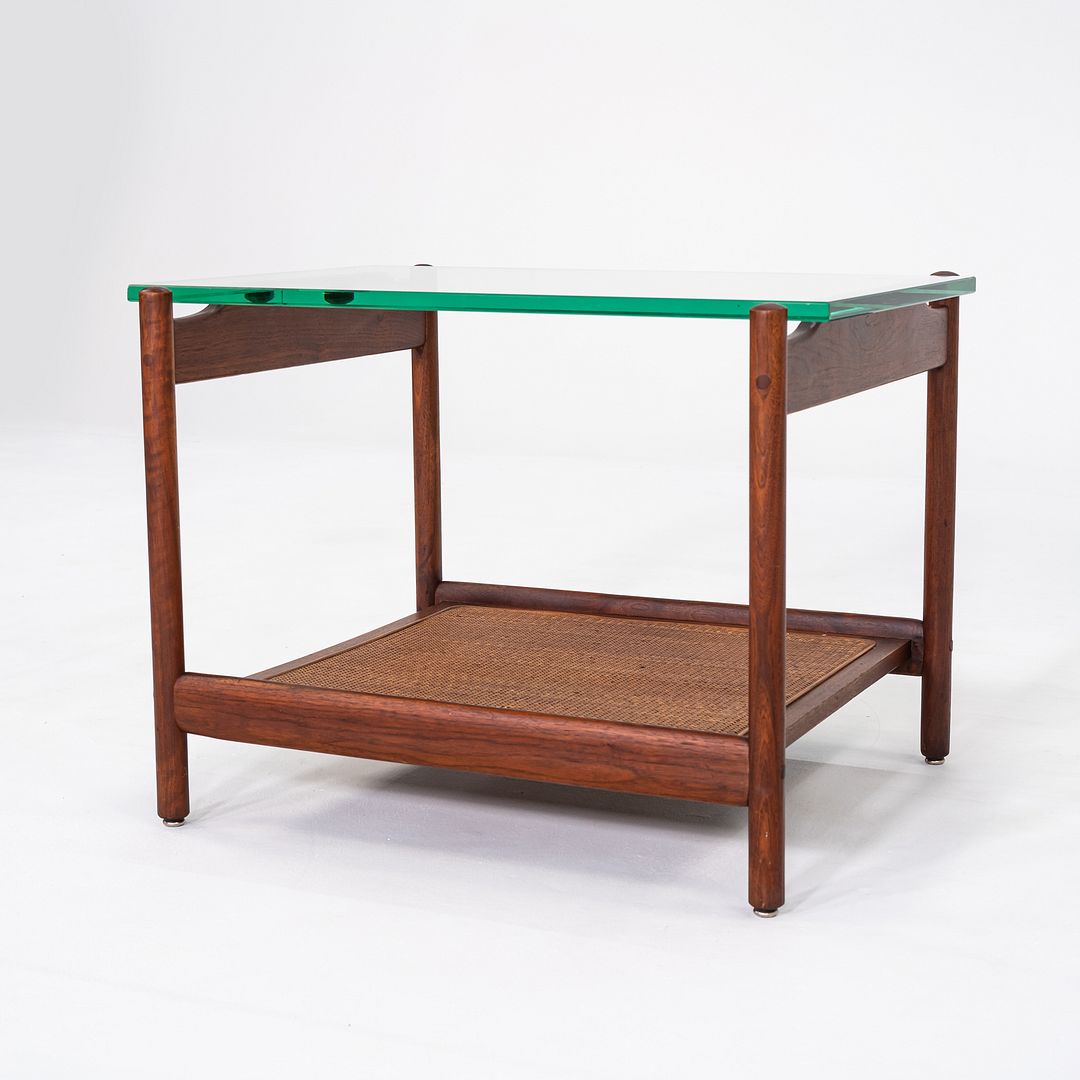 1960s Jack Cartwright for Founders Side or End Table in Walnut, Cane, and Glass