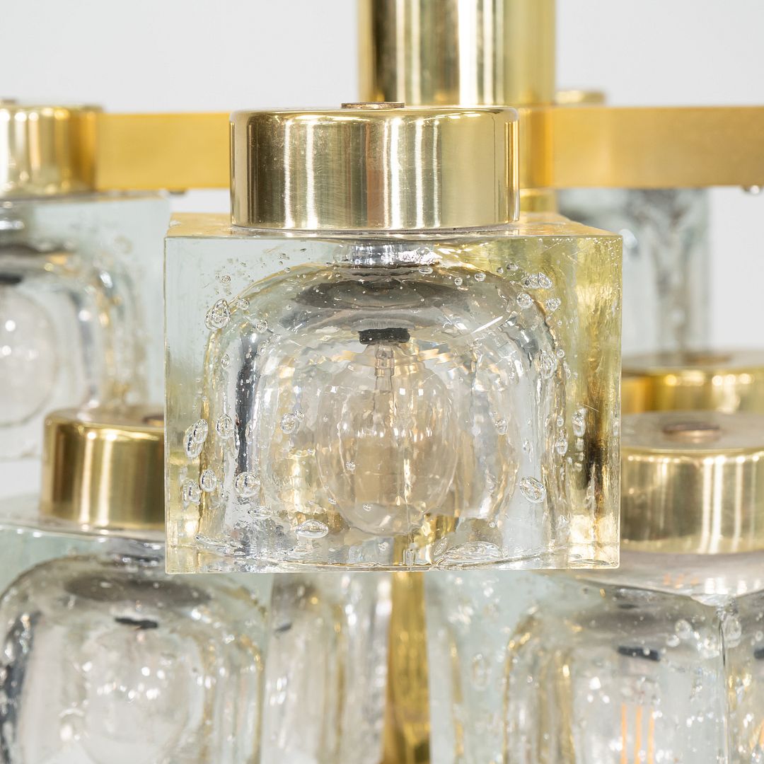 1970s Gaetano Sciolari for Lightolier Ice Cube Chandelier Glass & Brass 9 Bulbs