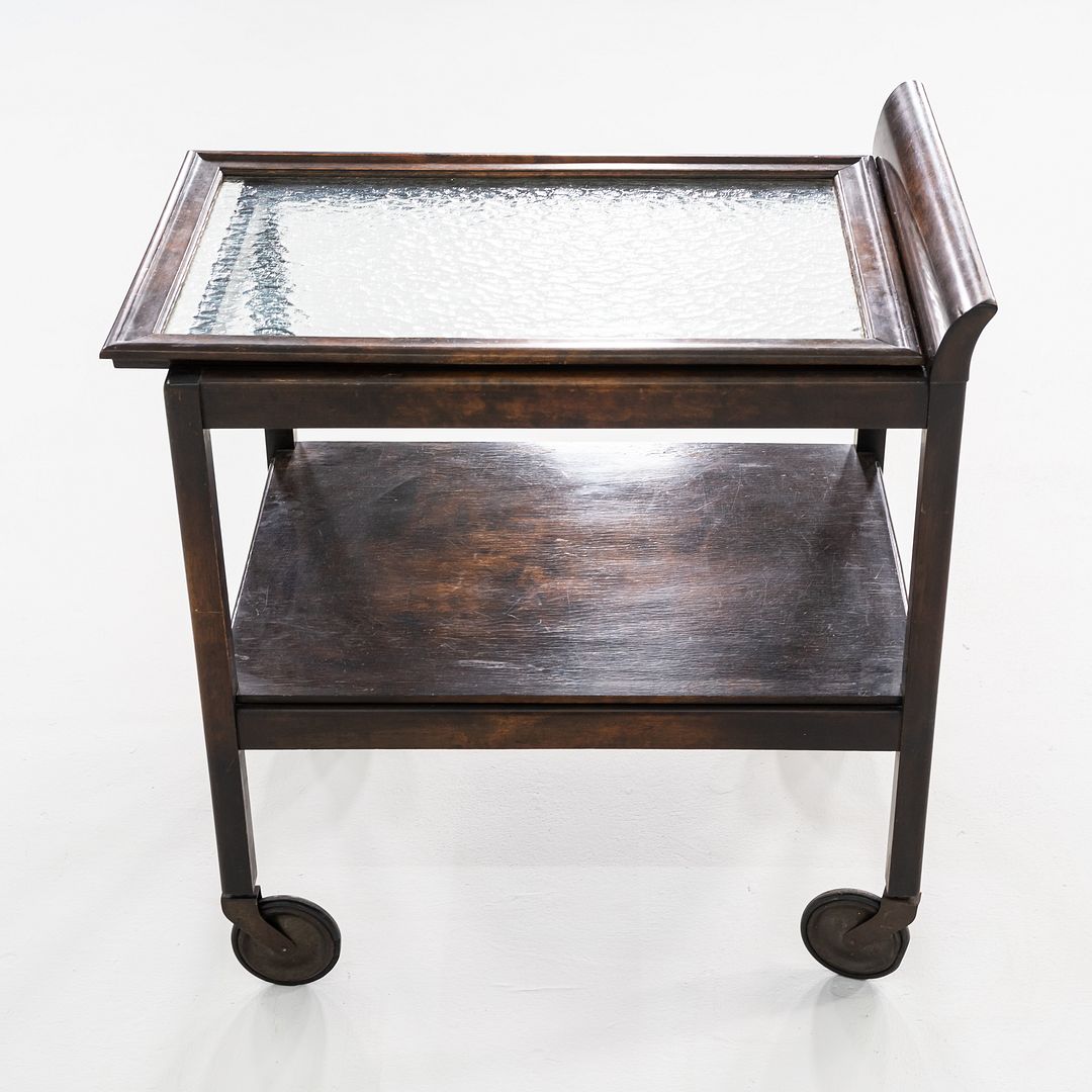 1920s Antique Art Deco Birch Bar Cart w/ Wave Glass Top & Lower Shelf on Wheels