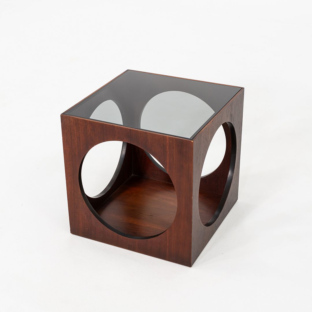 1969 Lane Walnut Cube End Table w/ Circle Motif & Smoked Glass Top Model 1121-95