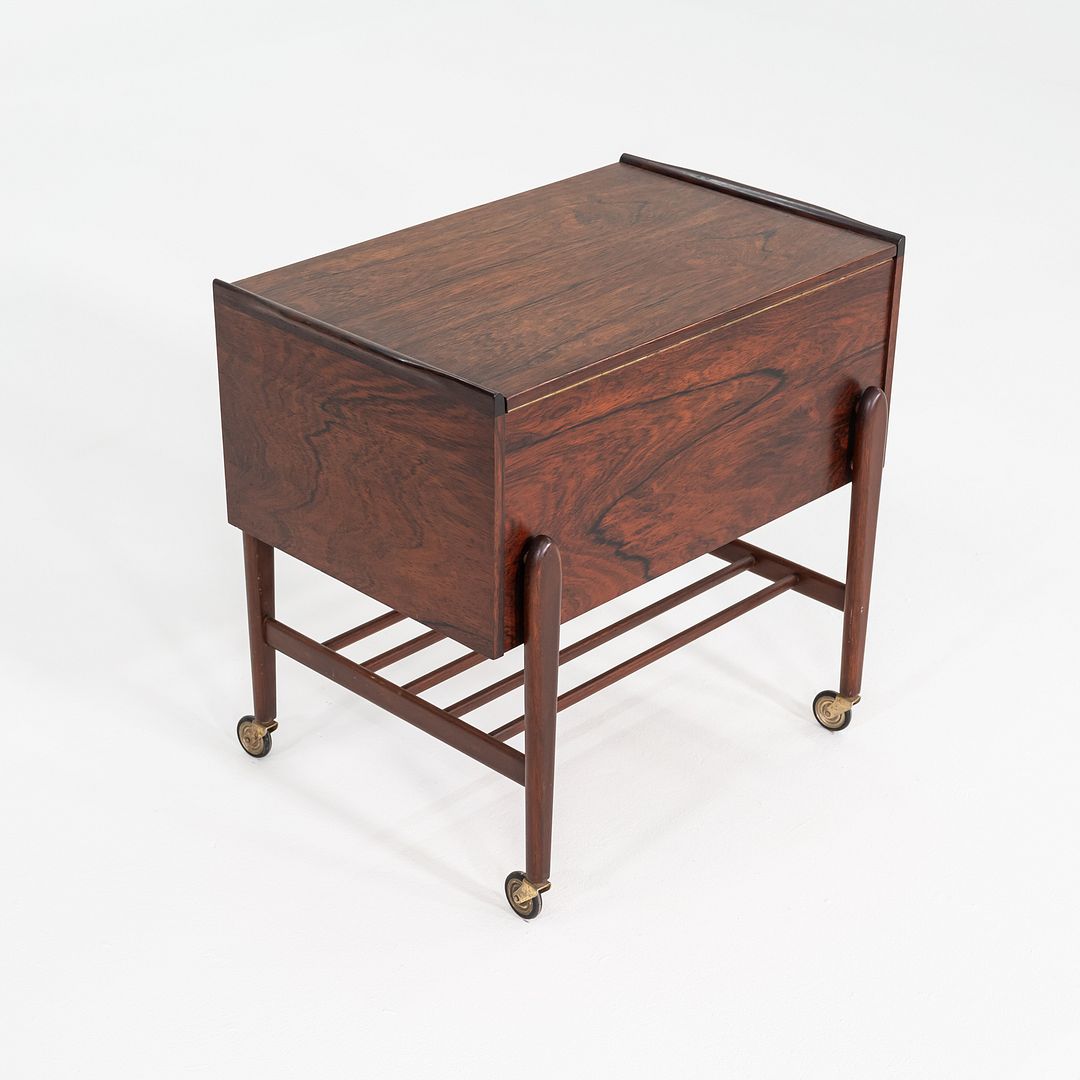 1960s Danish Rosewood Sewing Cart / Rolling Trolley with Hinged Lift-Top Storage