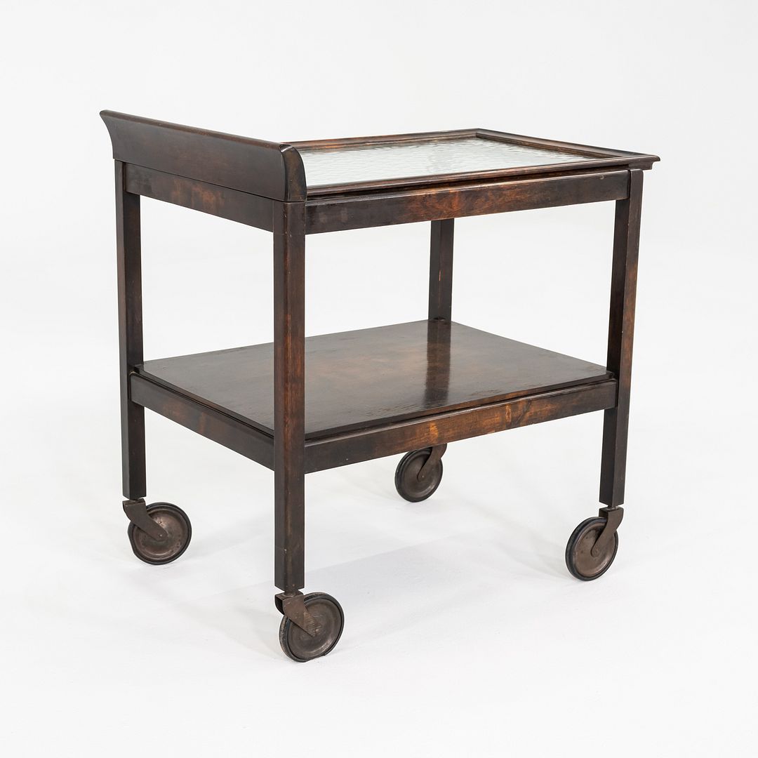 1920s Antique Art Deco Birch Bar Cart w/ Wave Glass Top & Lower Shelf on Wheels
