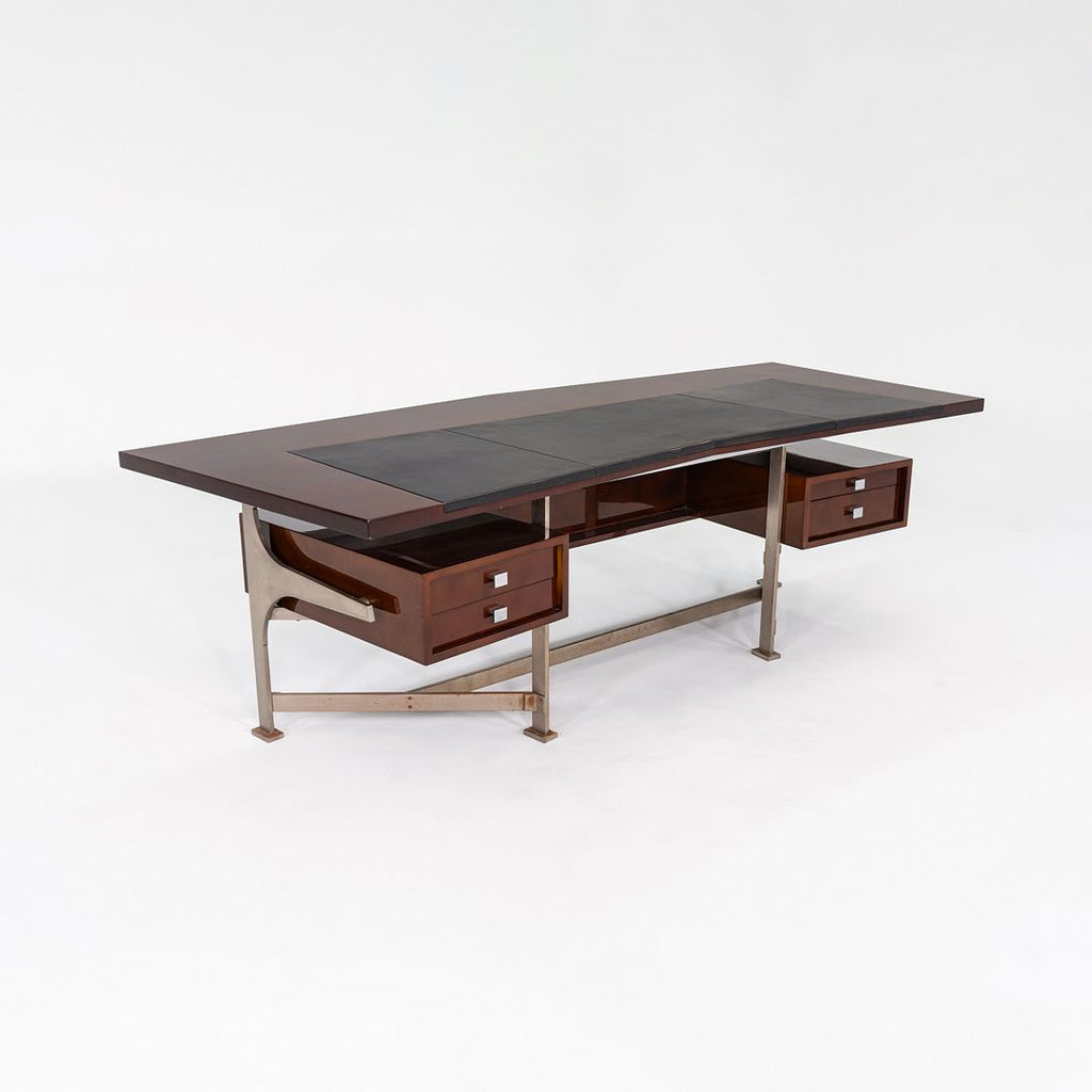 1960s Jules Leleu for Maison Leleu Executive Desk in Lacquered Wood & Stainless