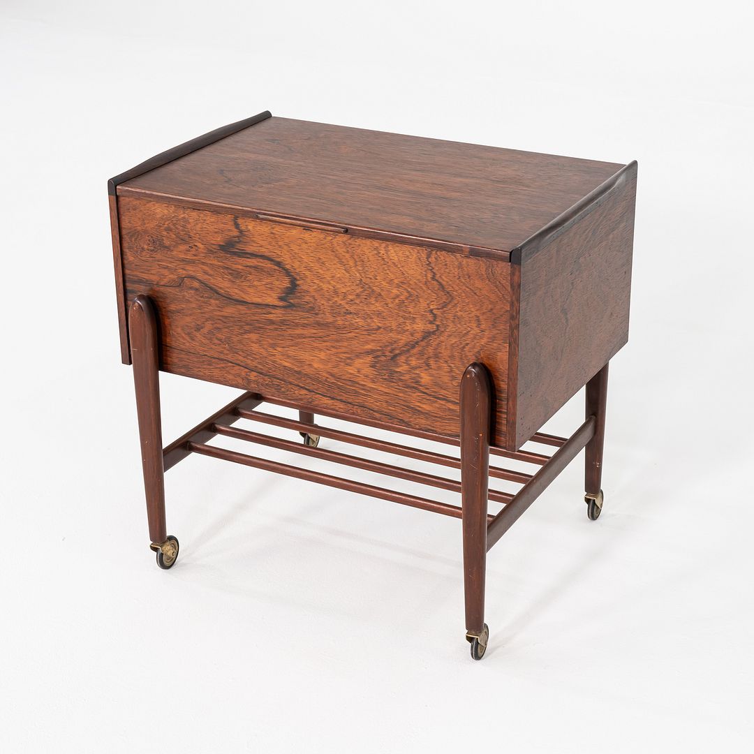1960s Danish Rosewood Sewing Cart / Rolling Trolley with Hinged Lift-Top Storage