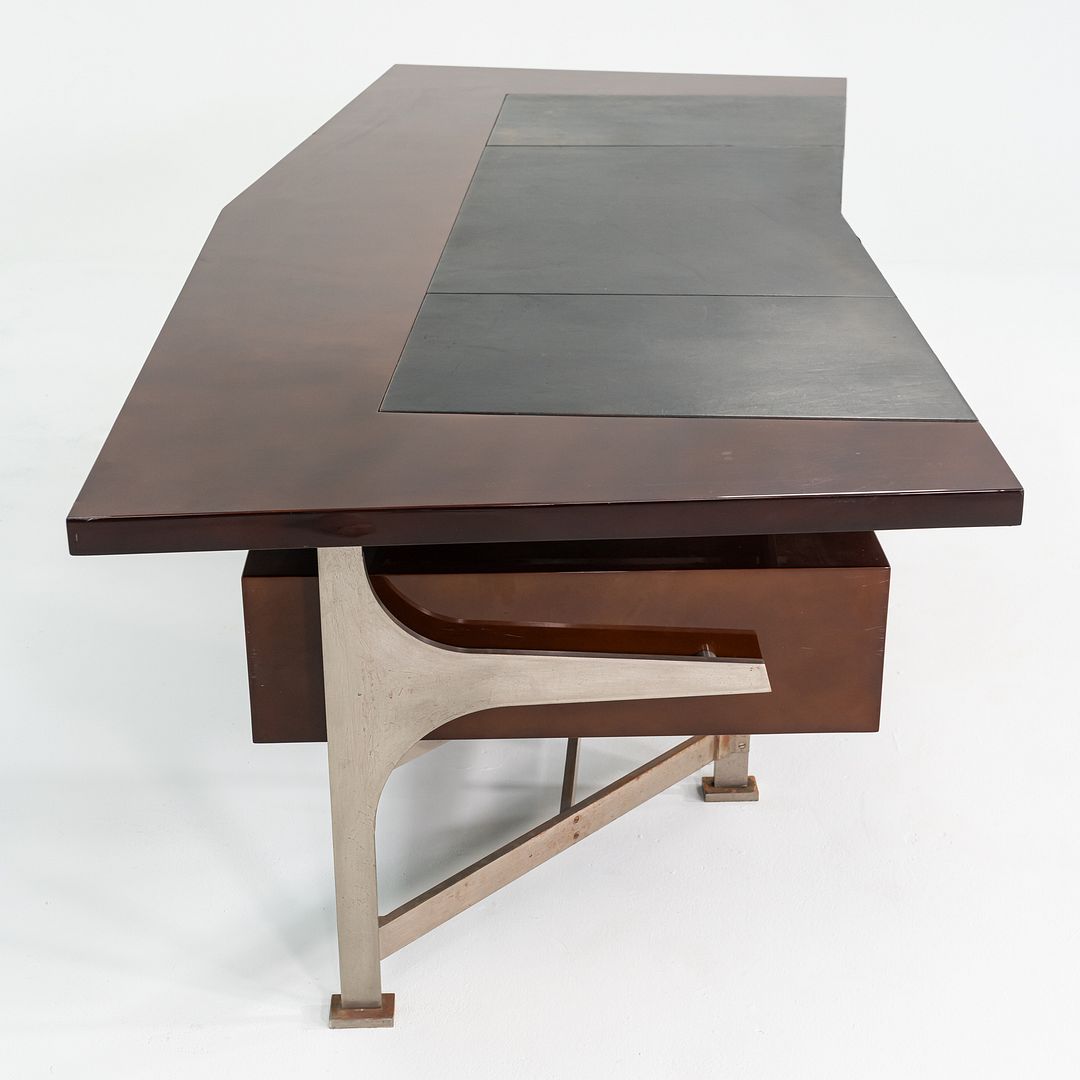 1960s Jules Leleu for Maison Leleu Executive Desk in Lacquered Wood & Stainless