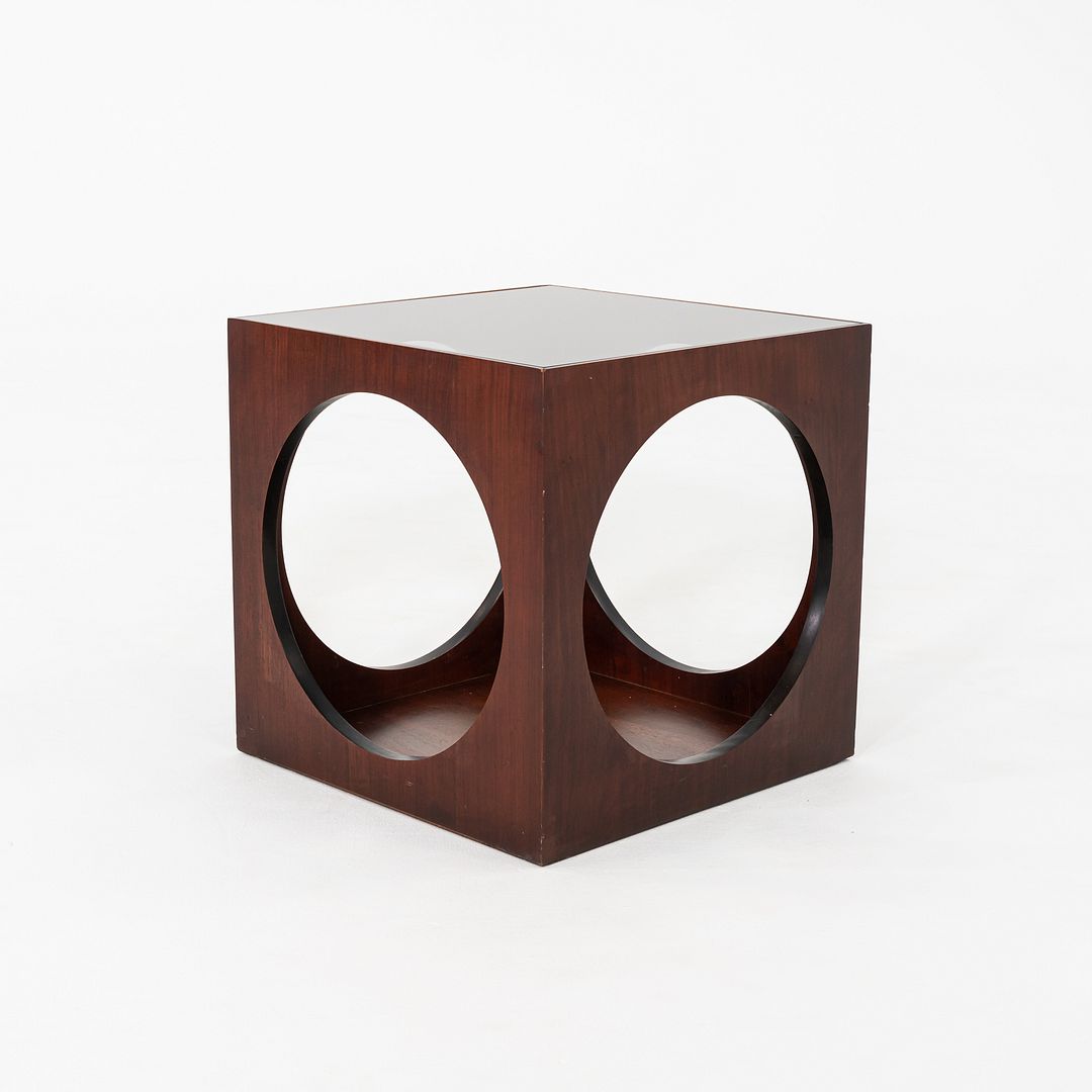 1969 Lane Walnut Cube End Table w/ Circle Motif & Smoked Glass Top Model 1121-95