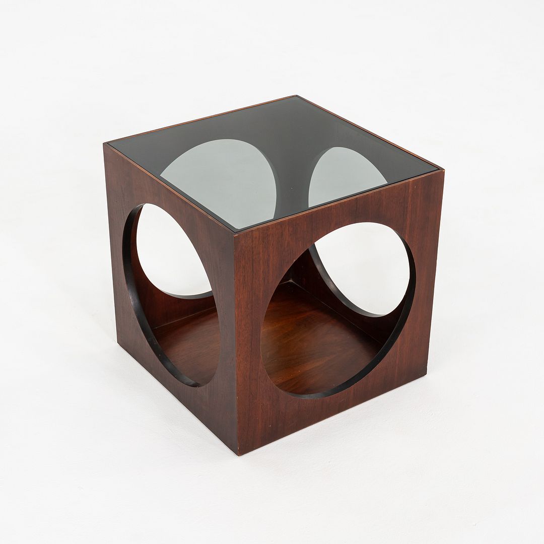 1969 Lane Walnut Cube End Table w/ Circle Motif & Smoked Glass Top Model 1121-95