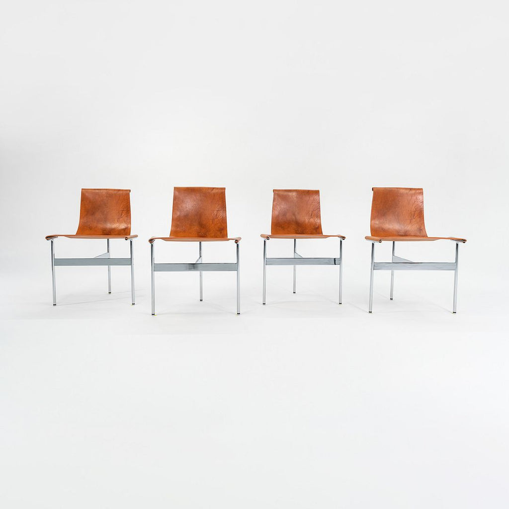 Set of Four Made to Order Gratz TG-10 Sling Dining Chairs Tan Leather & Chrome