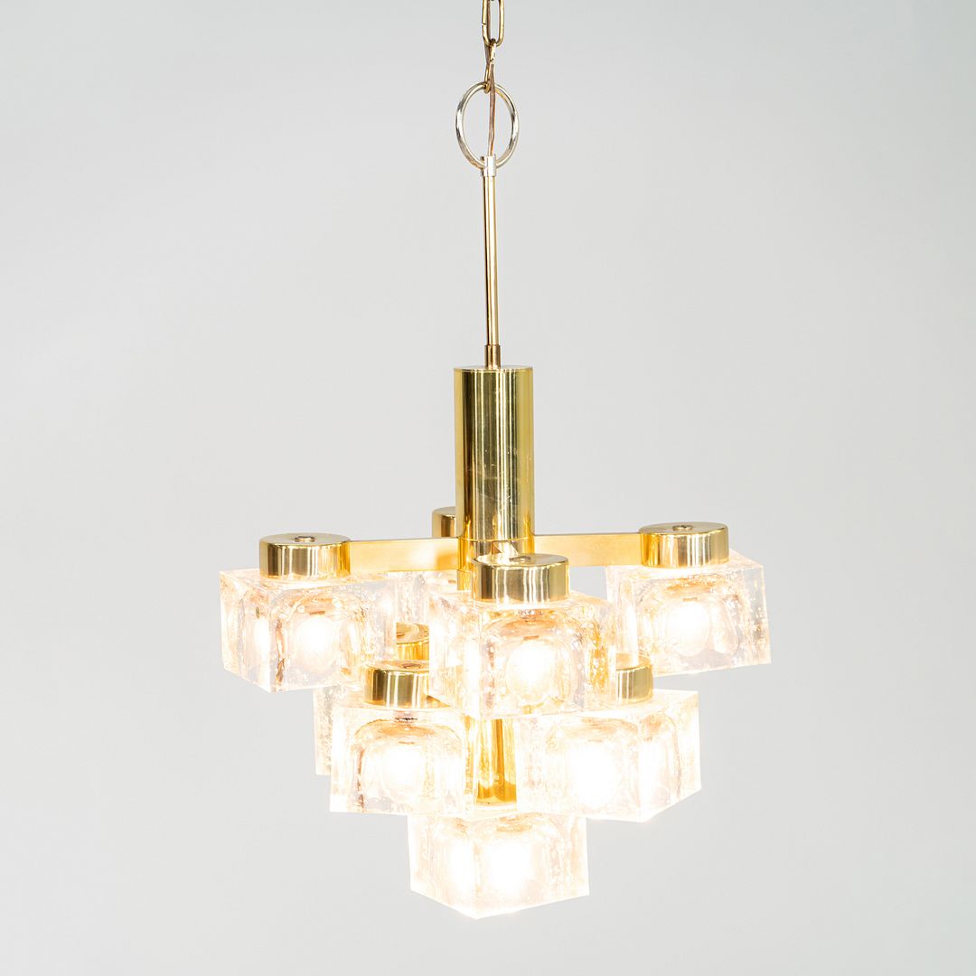 1970s Gaetano Sciolari for Lightolier Ice Cube Chandelier Glass & Brass 9 Bulbs