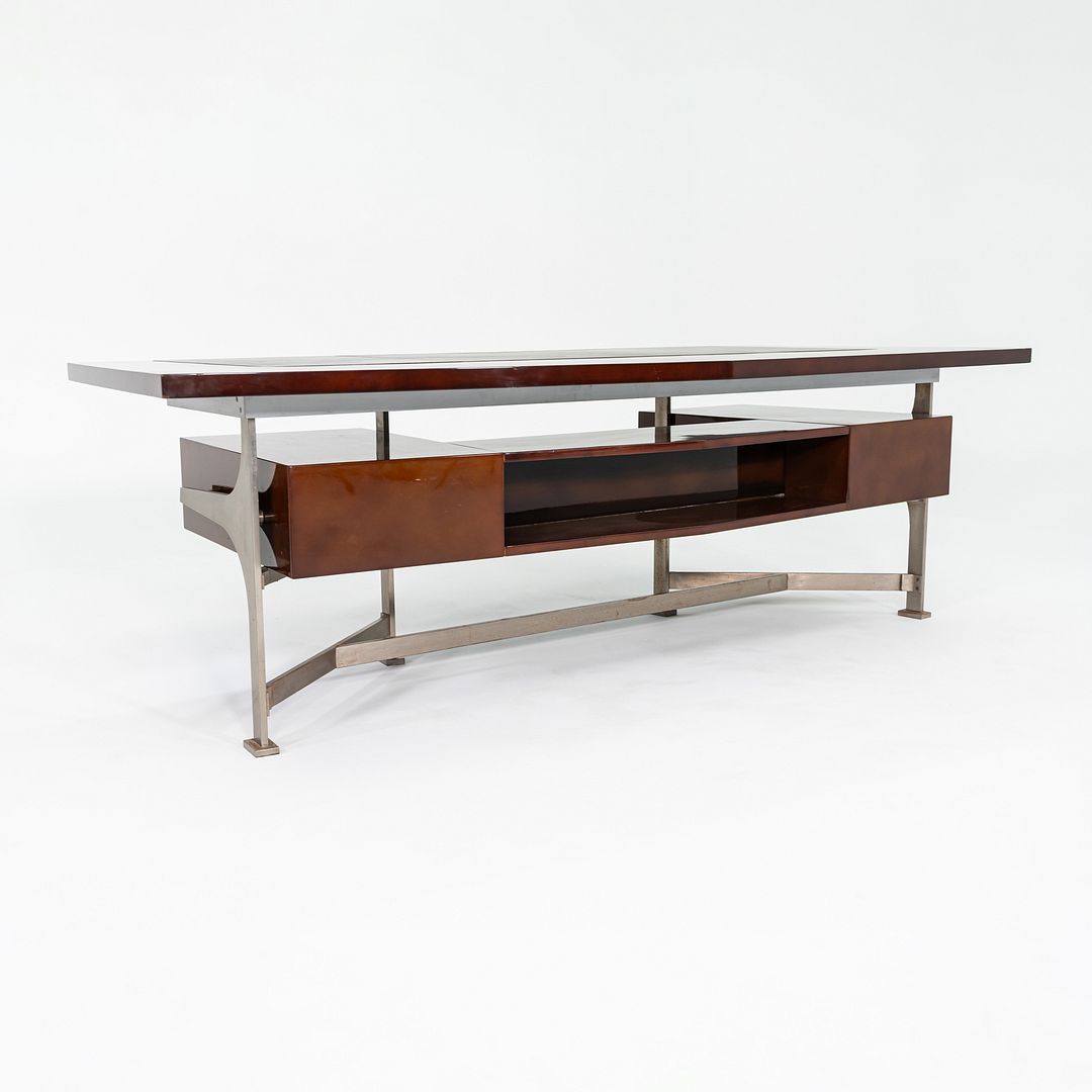 1960s Jules Leleu for Maison Leleu Executive Desk in Lacquered Wood & Stainless
