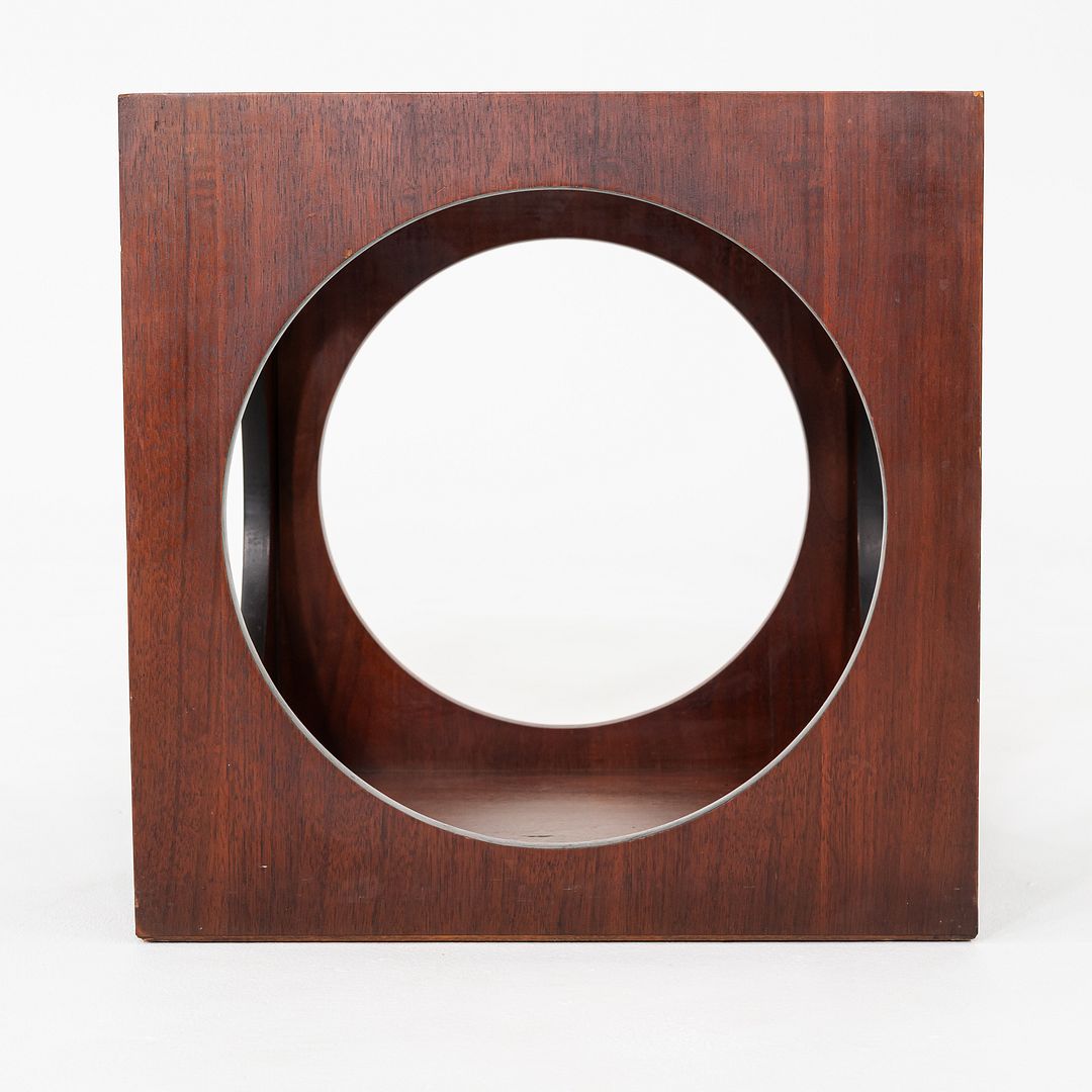 1969 Lane Walnut Cube End Table w/ Circle Motif & Smoked Glass Top Model 1121-95